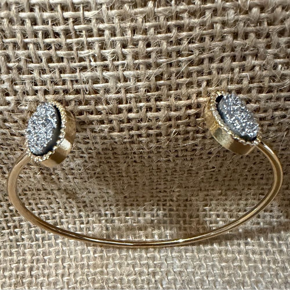 Druzy Cuff Bracelet Bangle Gold Tone Gray Silver